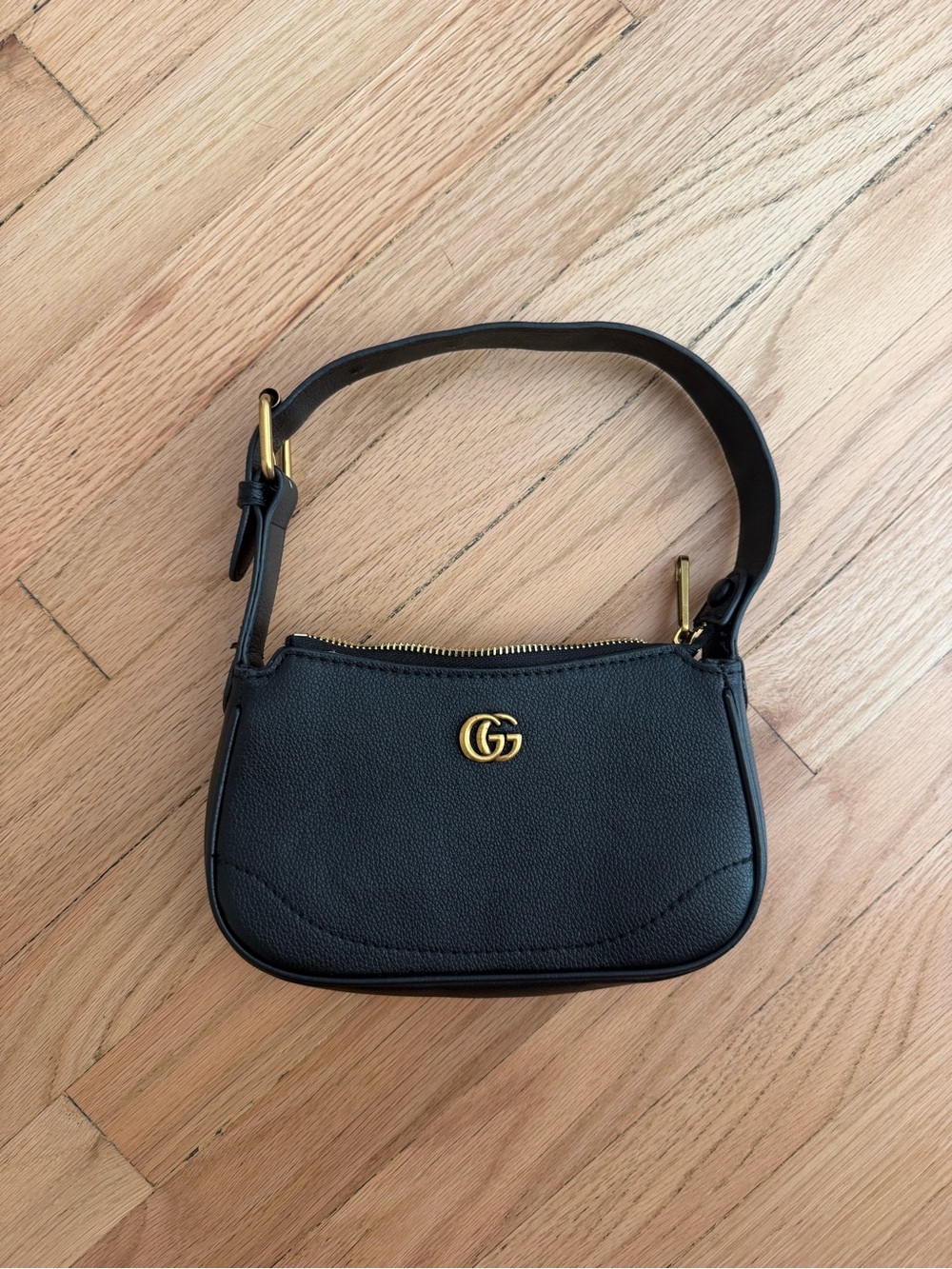 GG Small Black Leather Shoulder Bag with Gold Double